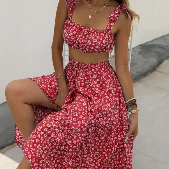 Red Ditsy Floral Print Cami Top & maxi Skirt Set - Picture 6 of 7